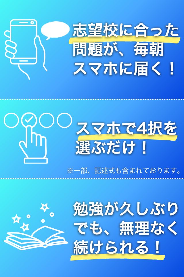 准看護学校、看護専門学校、看護大学の問題は、スマホで4択を選ぶだけ!勉強が久しぶりでも、無理なく続けられる!志望校に合った問題が、毎朝 スマホに届く!